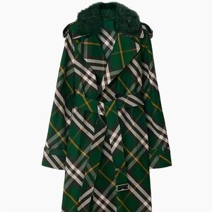 Brand New Burberry Cas Faux Fur & Cotton Check Trench Coat
